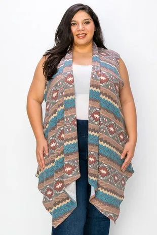 32 OT {Chic Example} Blue/Taupe Southwest Print Vest PLUS SIZE 1X 2X 3X