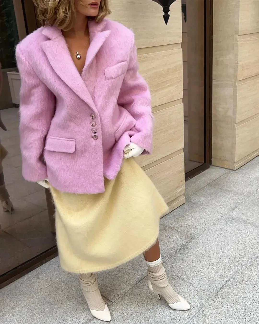 Advbridge Women Pink Woolen Lapel Blazer Coat Fashion Elegant Long Sleeves Pocket Single Breast Overcoat 2024 Female High Street Outwear