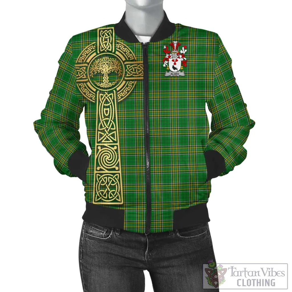 Algeo Irish Clan Tartan Bomber Jacket with Coat of Arms Celtic Tree of Life Style