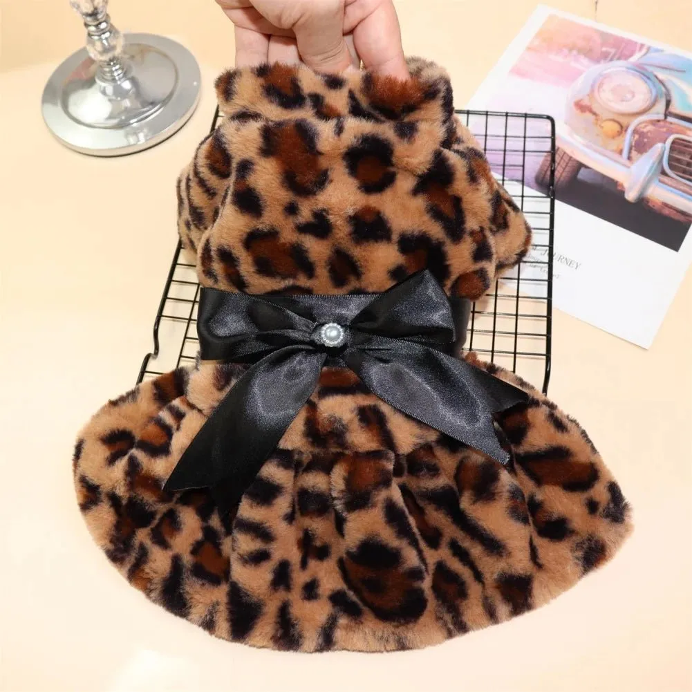 Anniepaw Pet Clothes Elegant Luxury Fur Dress Winter Overcoat Small Dog Cat Clothes Bowknot Leopard Chihuahua Noble Princess Party Dress