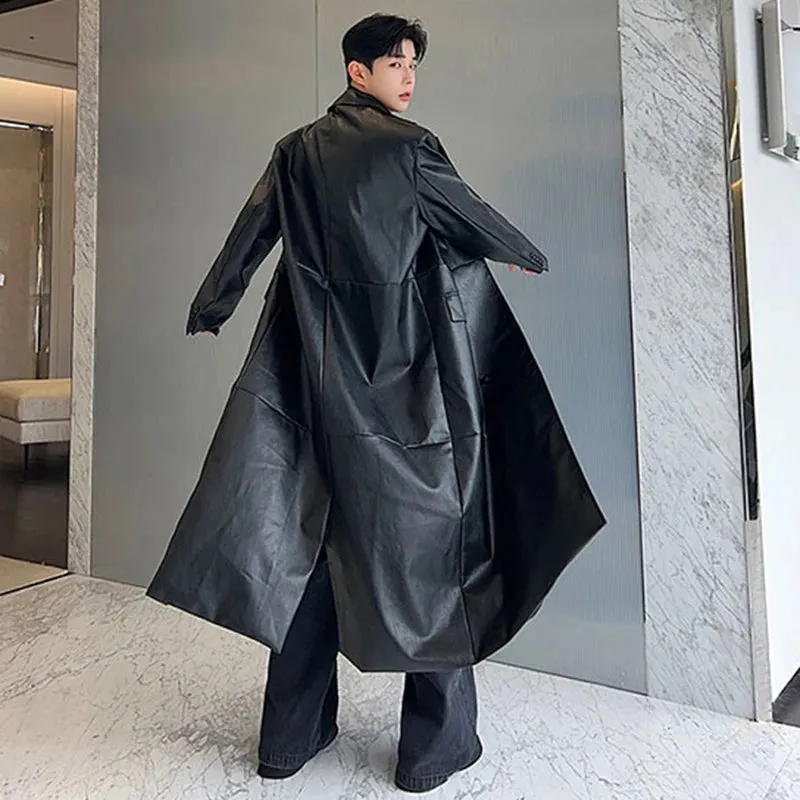 Autumn Winter Men's Leather Trench Coat Niche Design PU Wide Shoulder Long Overcoat Double Breasted Windbreaker 9C3216