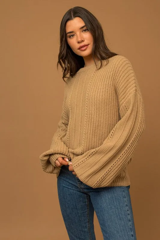 Balloon Sleeve Braided Knit Sweater