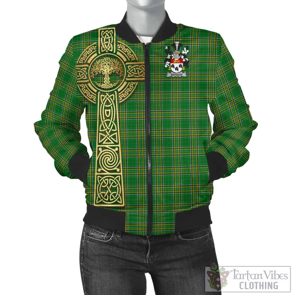 Bateson Irish Clan Tartan Bomber Jacket with Coat of Arms Celtic Tree of Life Style