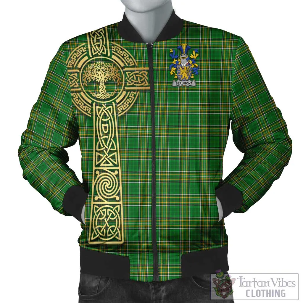 Beaumont Irish Clan Tartan Bomber Jacket with Coat of Arms Celtic Tree of Life Style