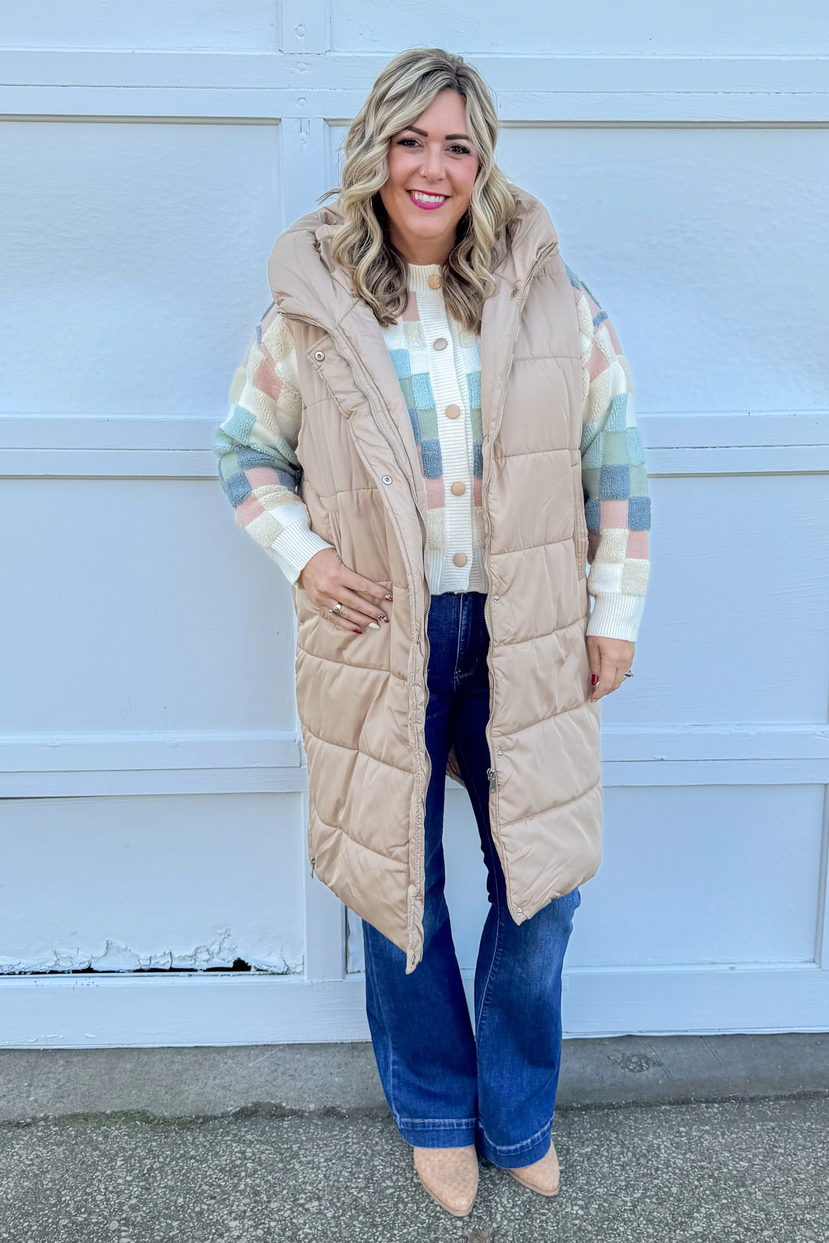 Beige Long Puffer Vest