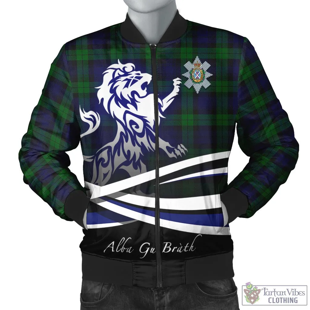 Black Watch Tartan Bomber Jacket with Alba Gu Brath Regal Lion Emblem