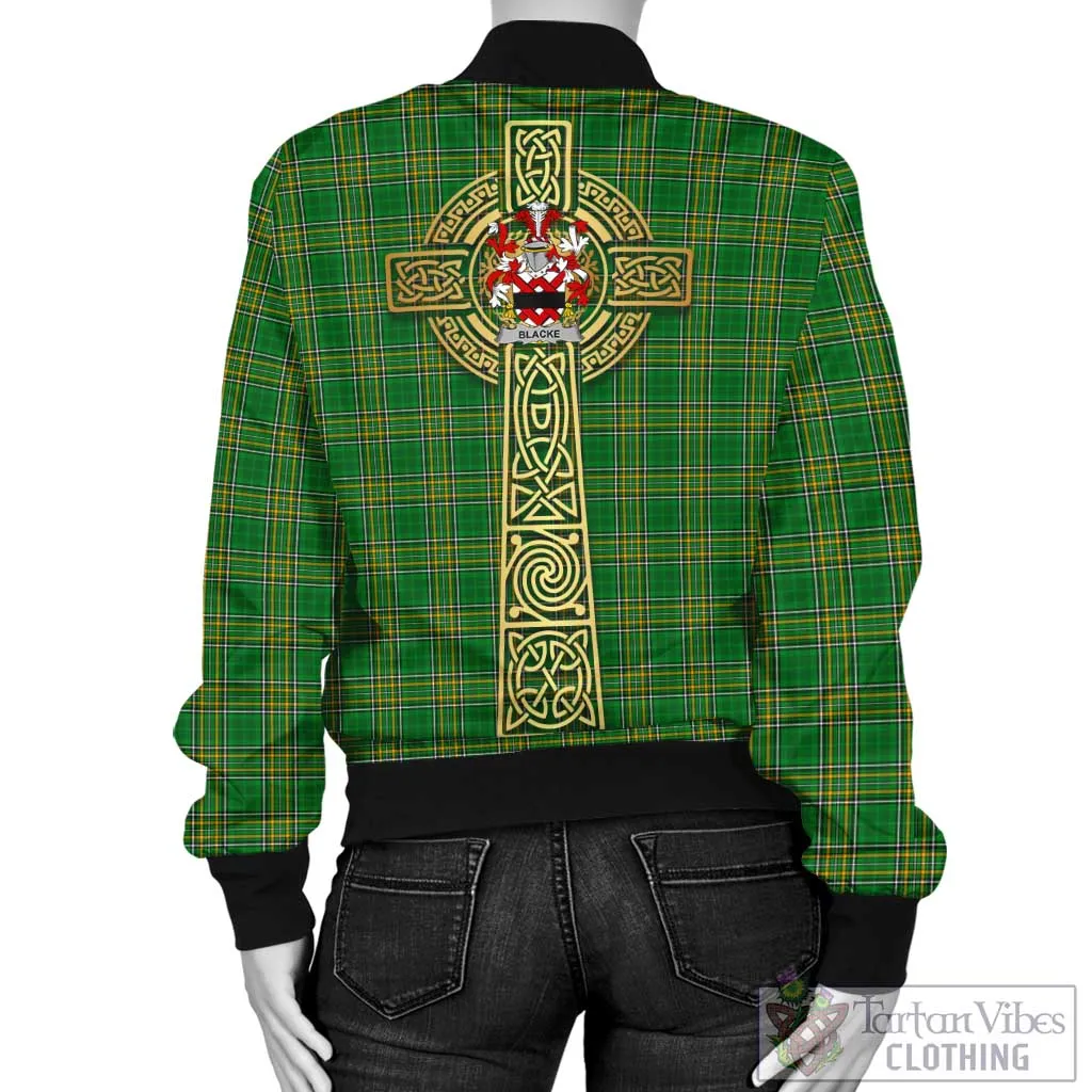 Blacke Irish Clan Tartan Bomber Jacket with Coat of Arms Celtic Tree of Life Style