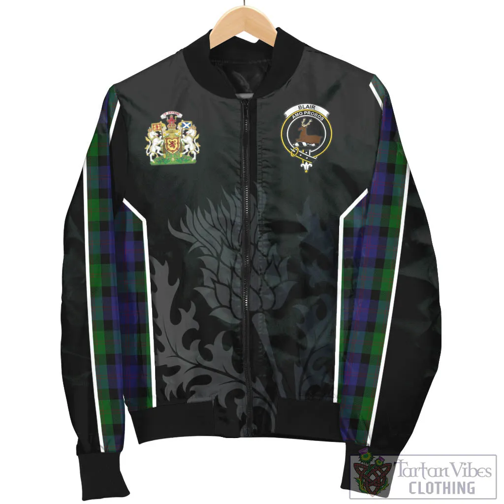 Blair Tartan Bomber Jacket with Family Crest and Scottish Thistle Vibes Sport Style