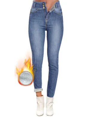 Blue Triple Button Fleece-Lined Skinny Denim Jeans