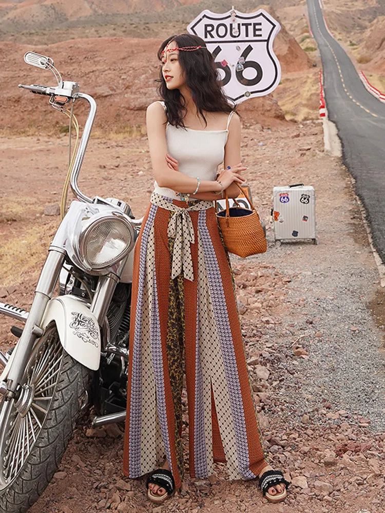 Bohemian ethnic wind and snow spinning split wide leg vacation beach pants summer high waisted pants