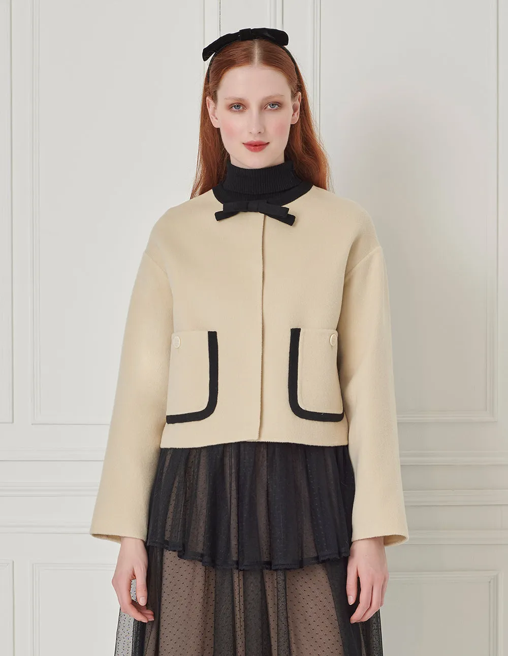 BORA AKSU Color Block Butterfly Knot Round Collar Woolen Overcoat