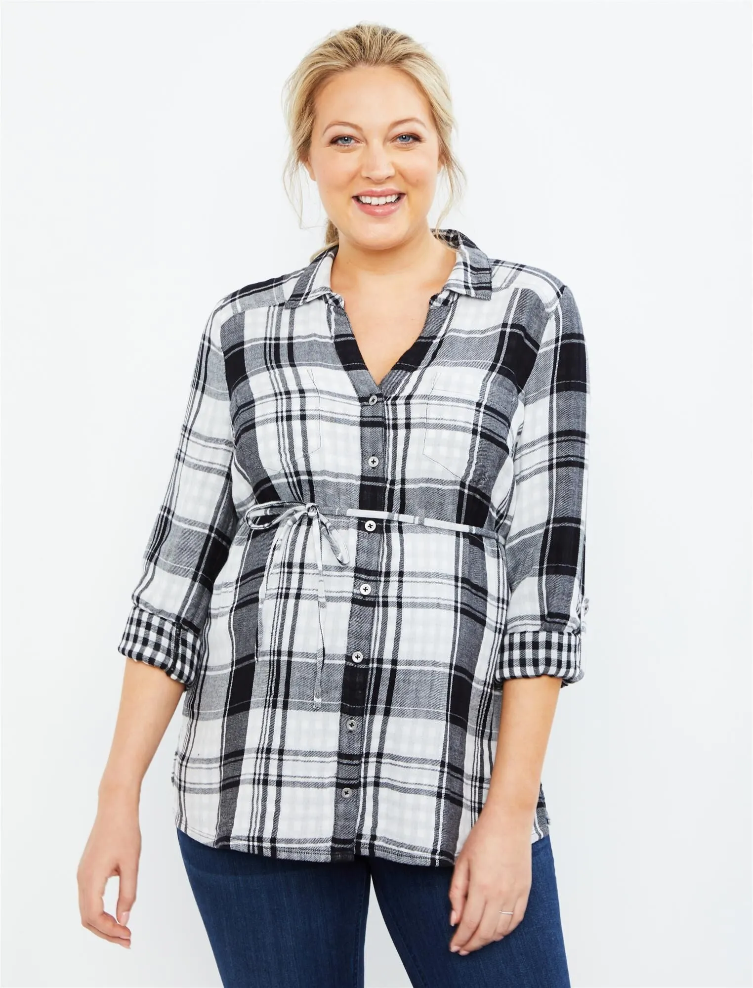 Button Front Maternity Top in White Plaid