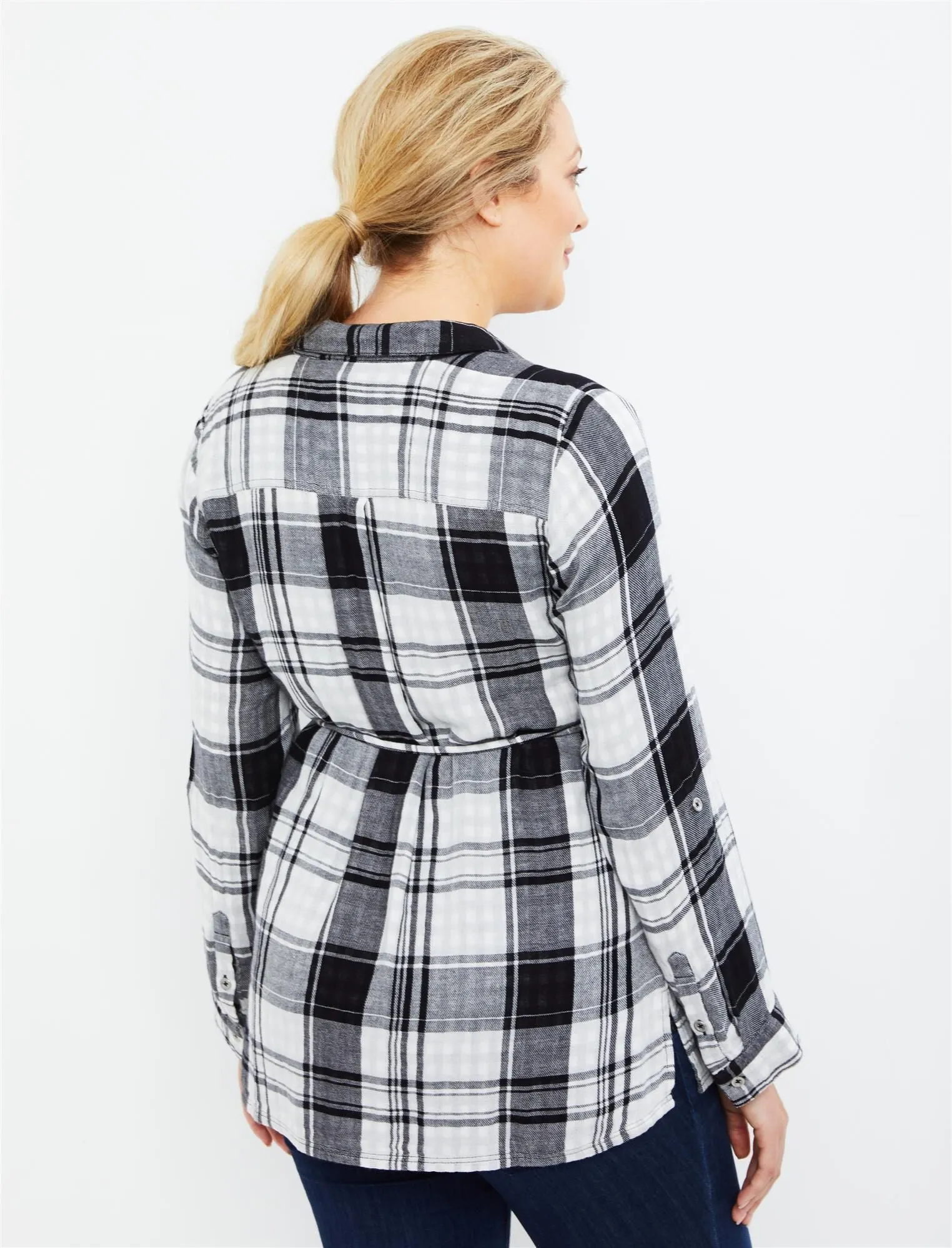 Button Front Maternity Top in White Plaid