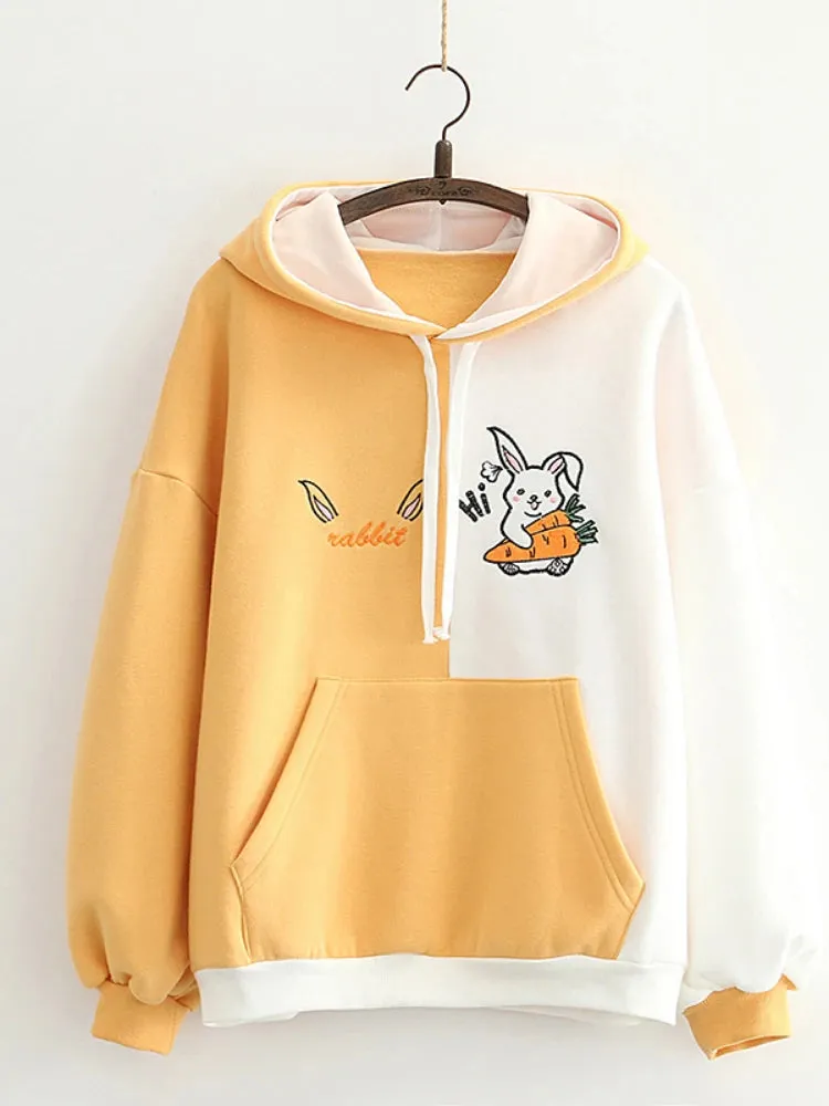 Cartoon Rabbit Embroidery Patchwork Women Hooded Sweatshirts 2023 Autumn Long Sleeve Pocket Kawaii Cute Hoodies Sweet Pullover