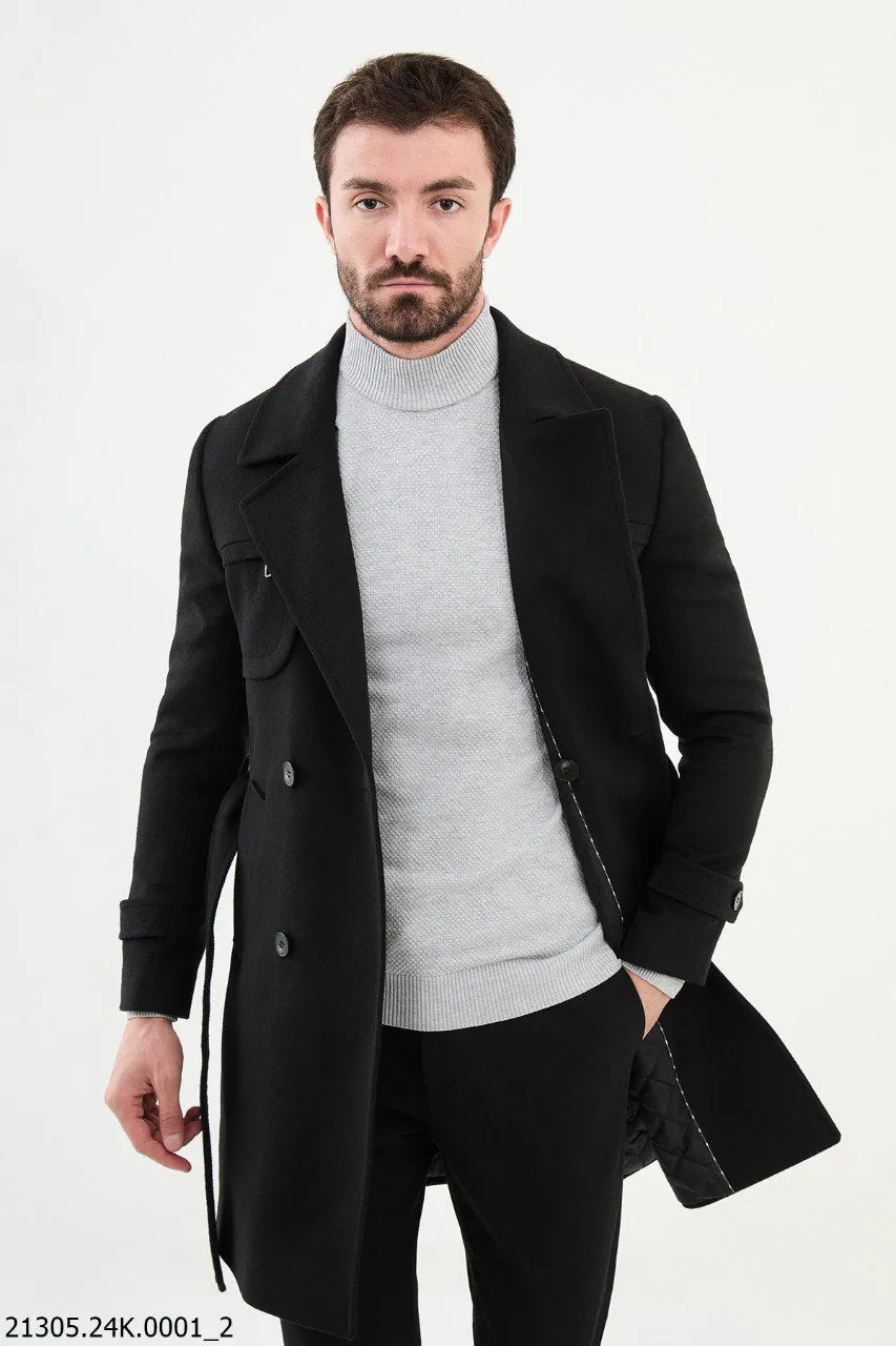 Classic Men's Black Belted Overcoat with Asymmetrical Button.