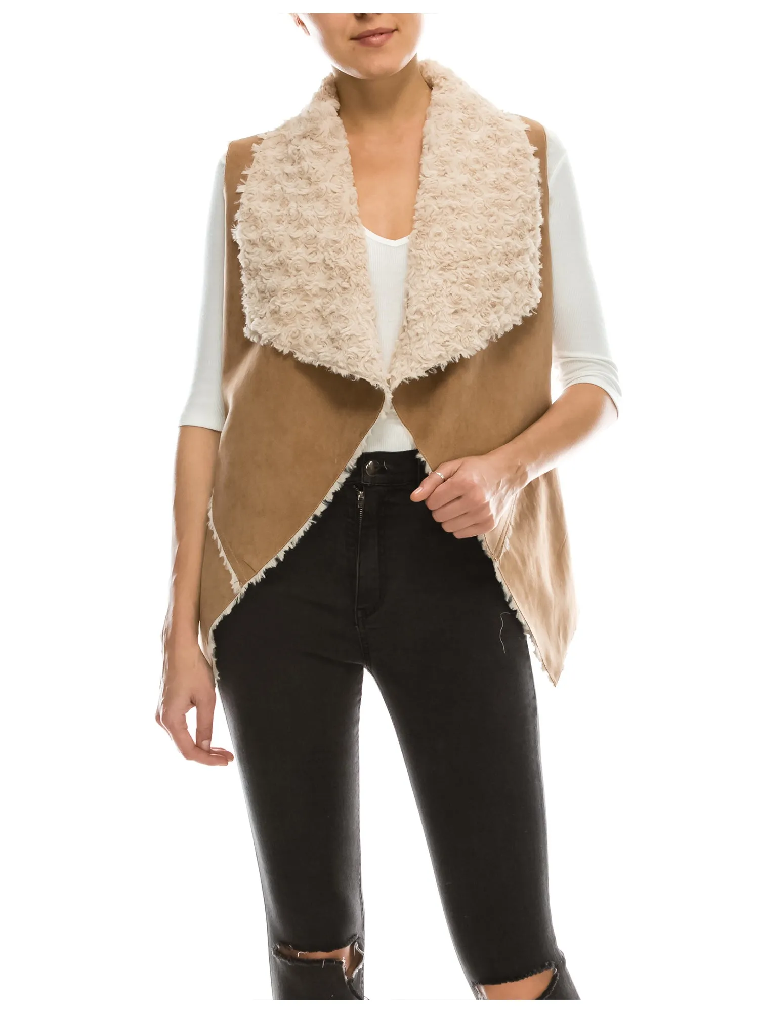 [Clearance] Womens Classic Faux Fur Shearing Fully Lined Suede Vest Coat