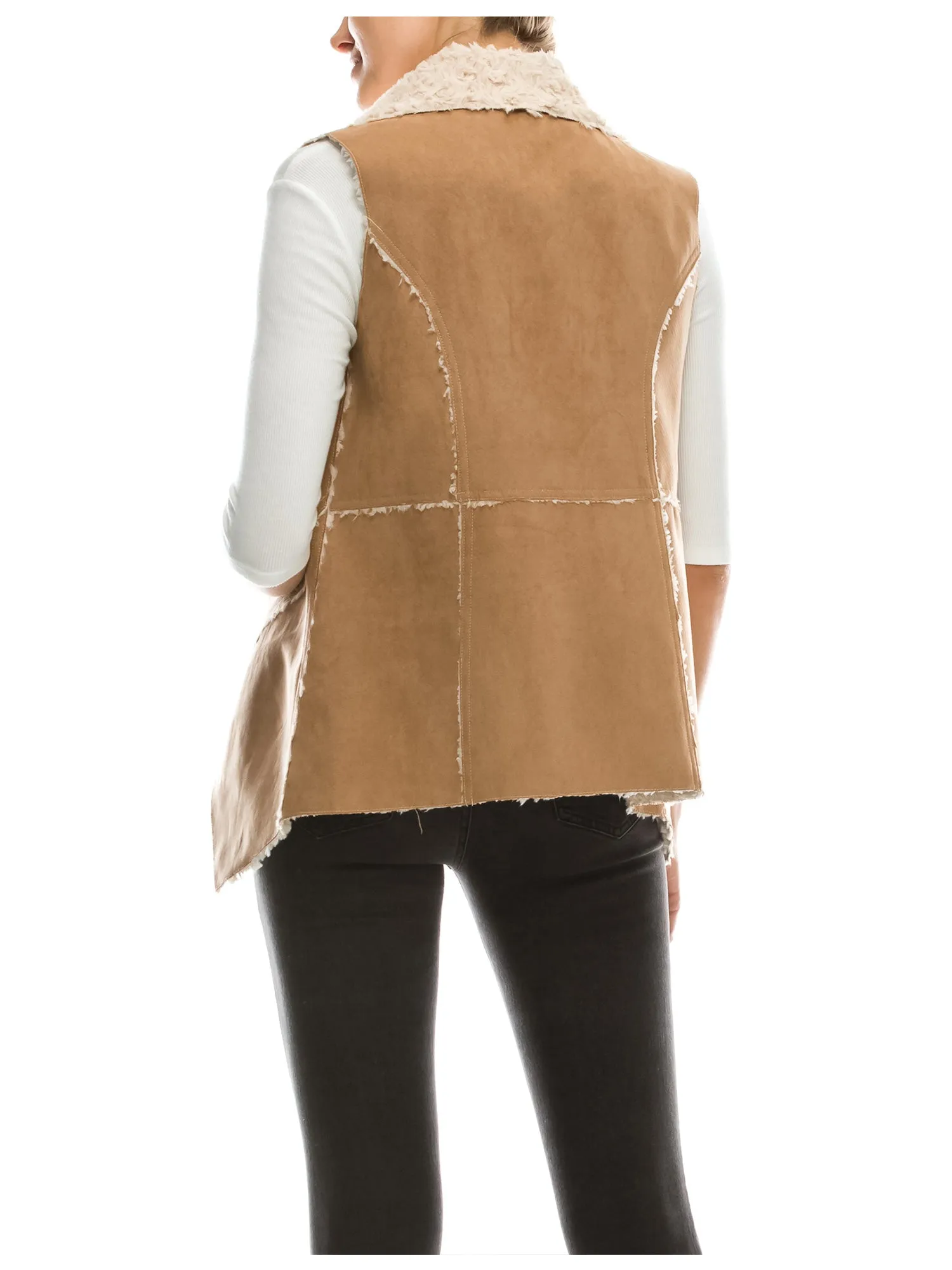 [Clearance] Womens Classic Faux Fur Shearing Fully Lined Suede Vest Coat