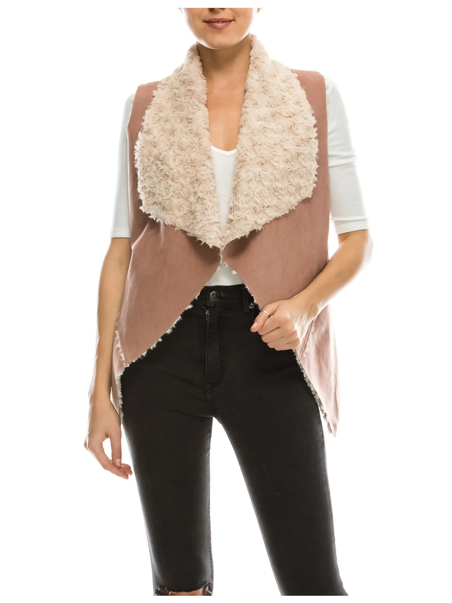 [Clearance] Womens Faux Fur Shearing Fully Lined Suede Vest Coat with Stripe Textured