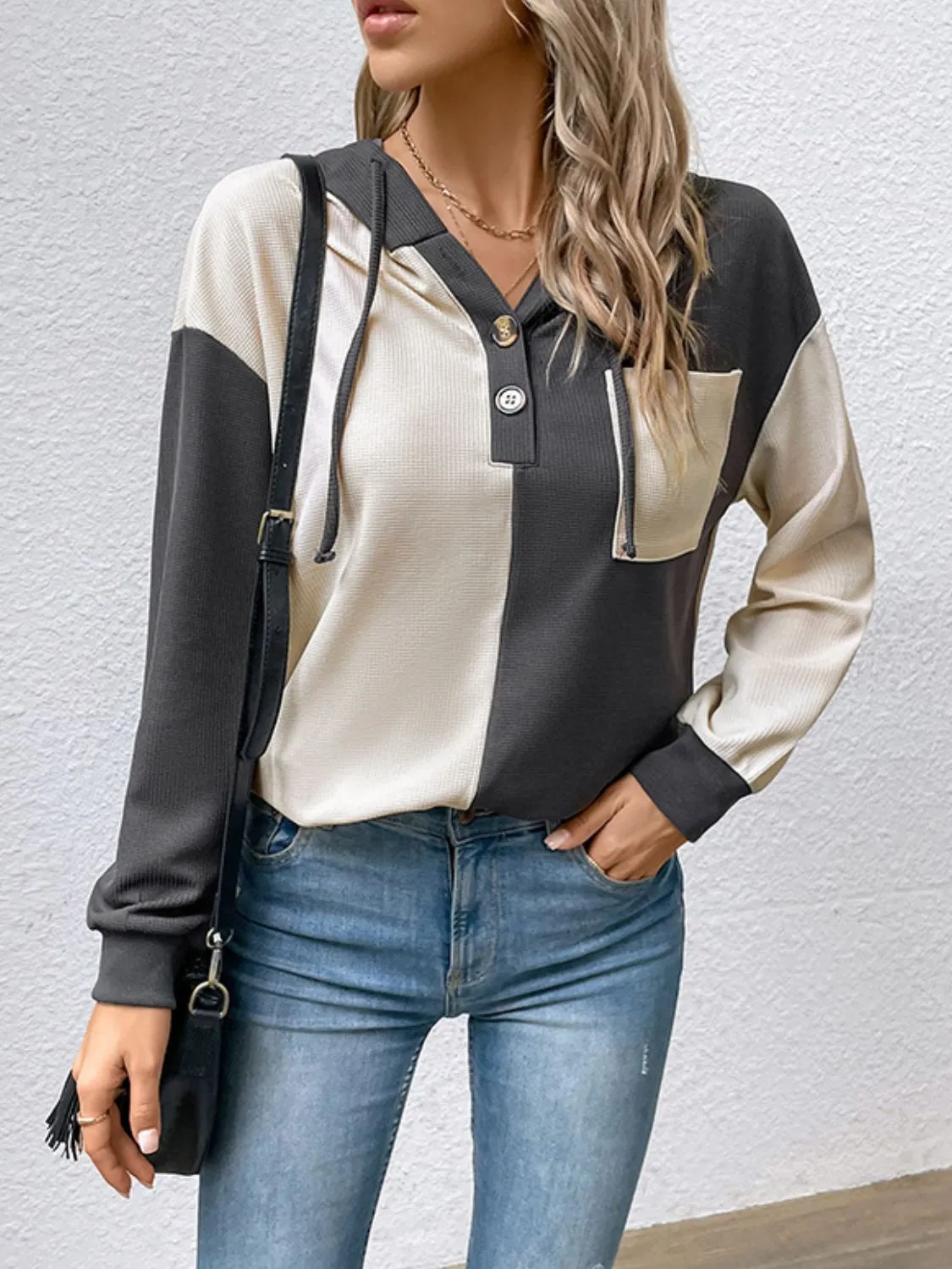 Contrast Color Button-Up Raglan Sleeve Hoodie