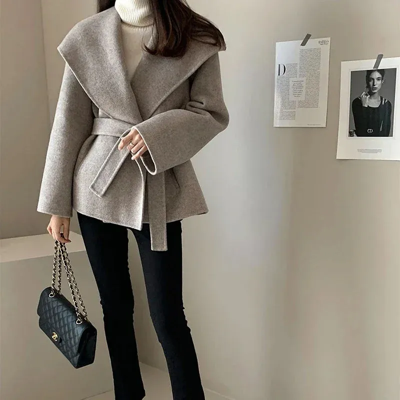 Elegant Wool Blends Coats Women Black Bandage Woolen Jackets Winter Ladies Commute Outerwear Korean Fashion Overcoat New