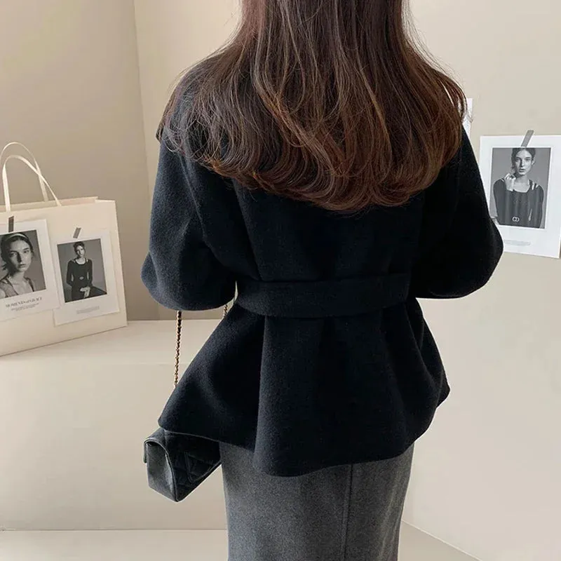 Elegant Wool Blends Coats Women Black Bandage Woolen Jackets Winter Ladies Commute Outerwear Korean Fashion Overcoat New