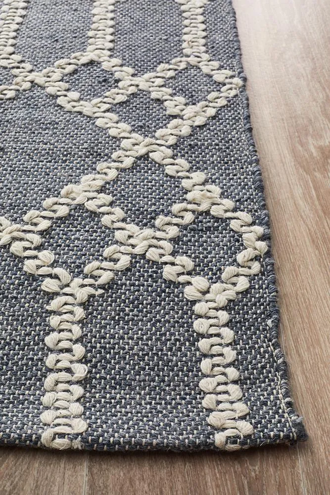 Ella Hand loomed Wool Tribal Trellis Rug Rustic Blue