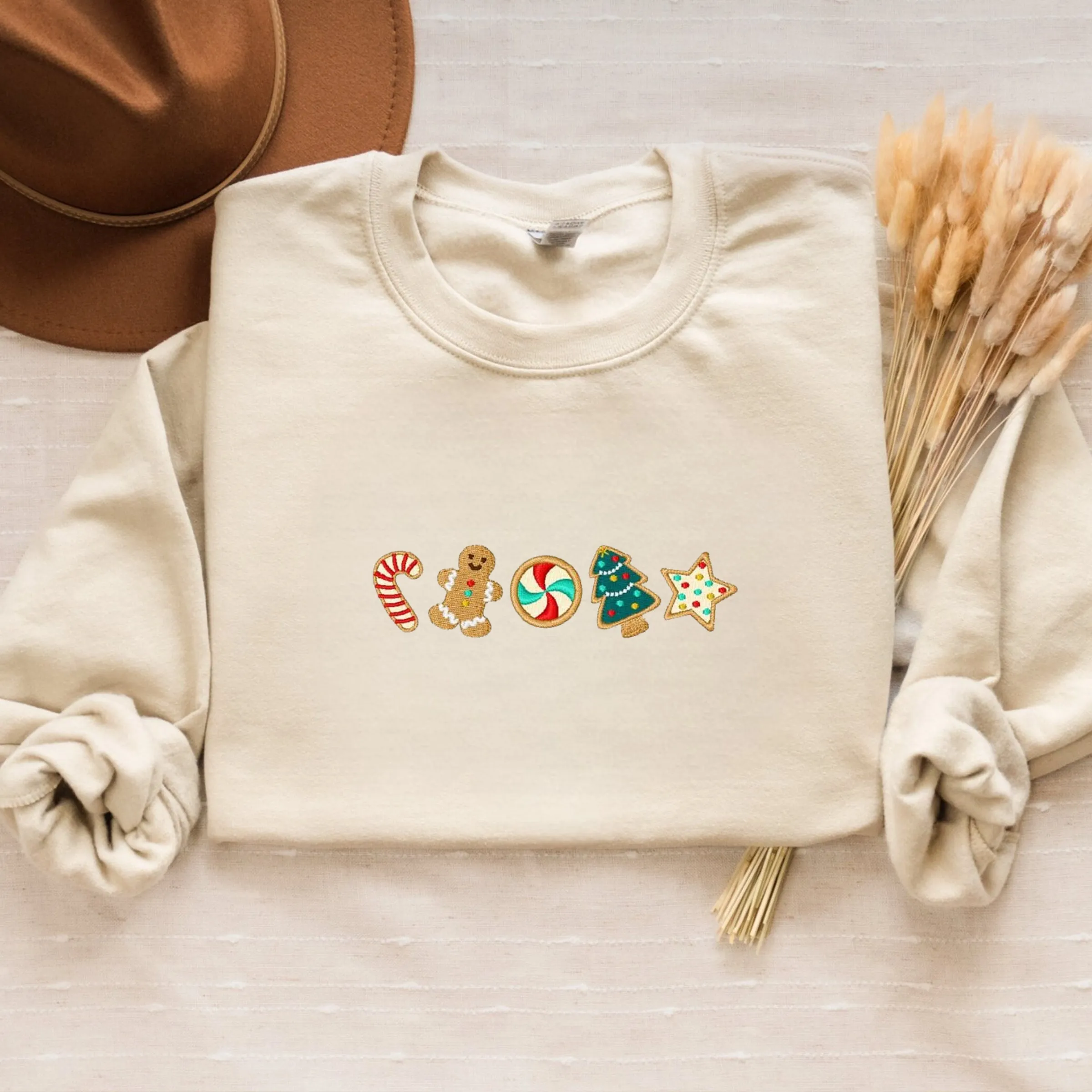 Embroidered Christmas Cookies Border Sweatshirt, Gingerbread Christmas Crewneck or Hoodie