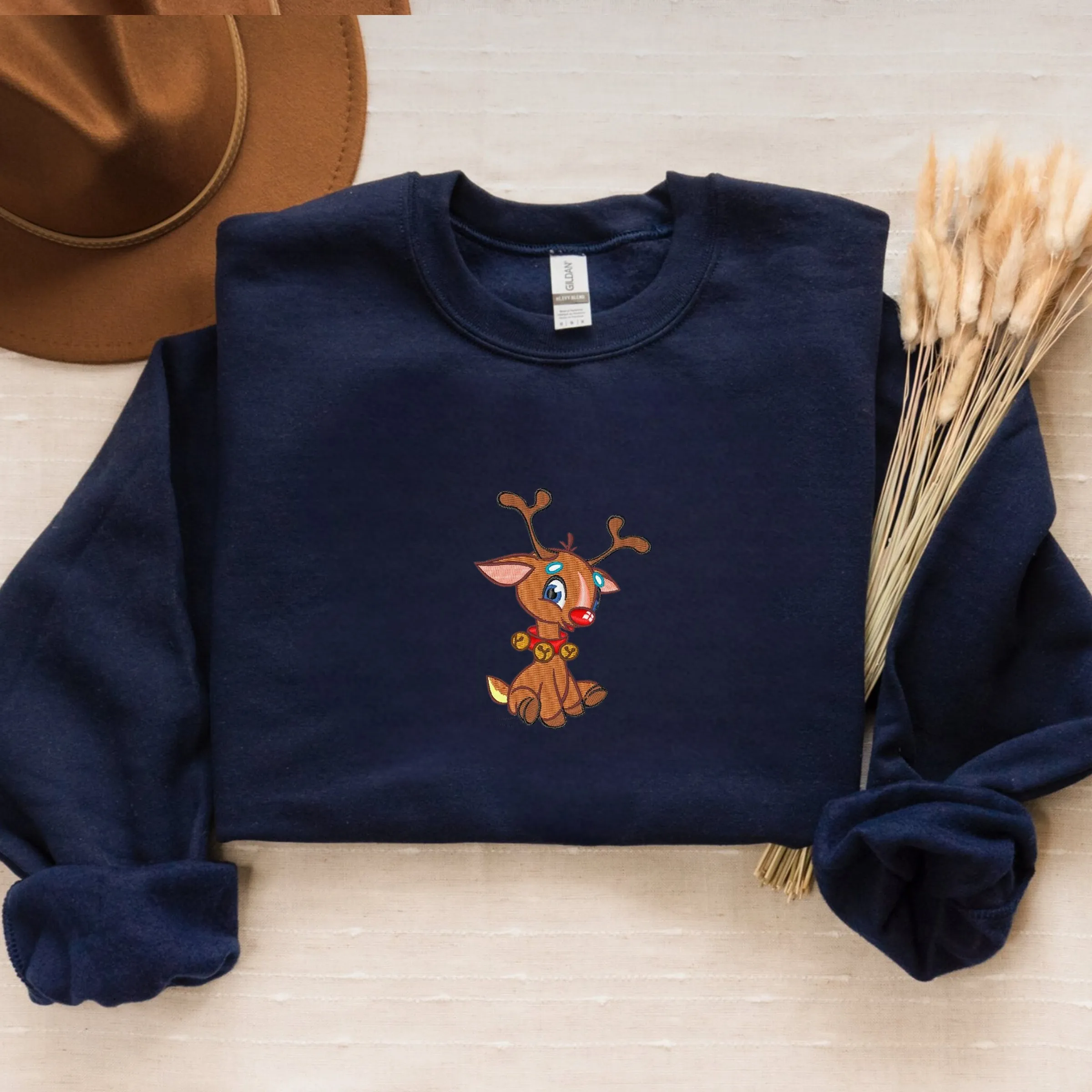 Embroidered Christmas Rudolph Sweatshirt, Cute Rudolph Crewneck or Hoodie