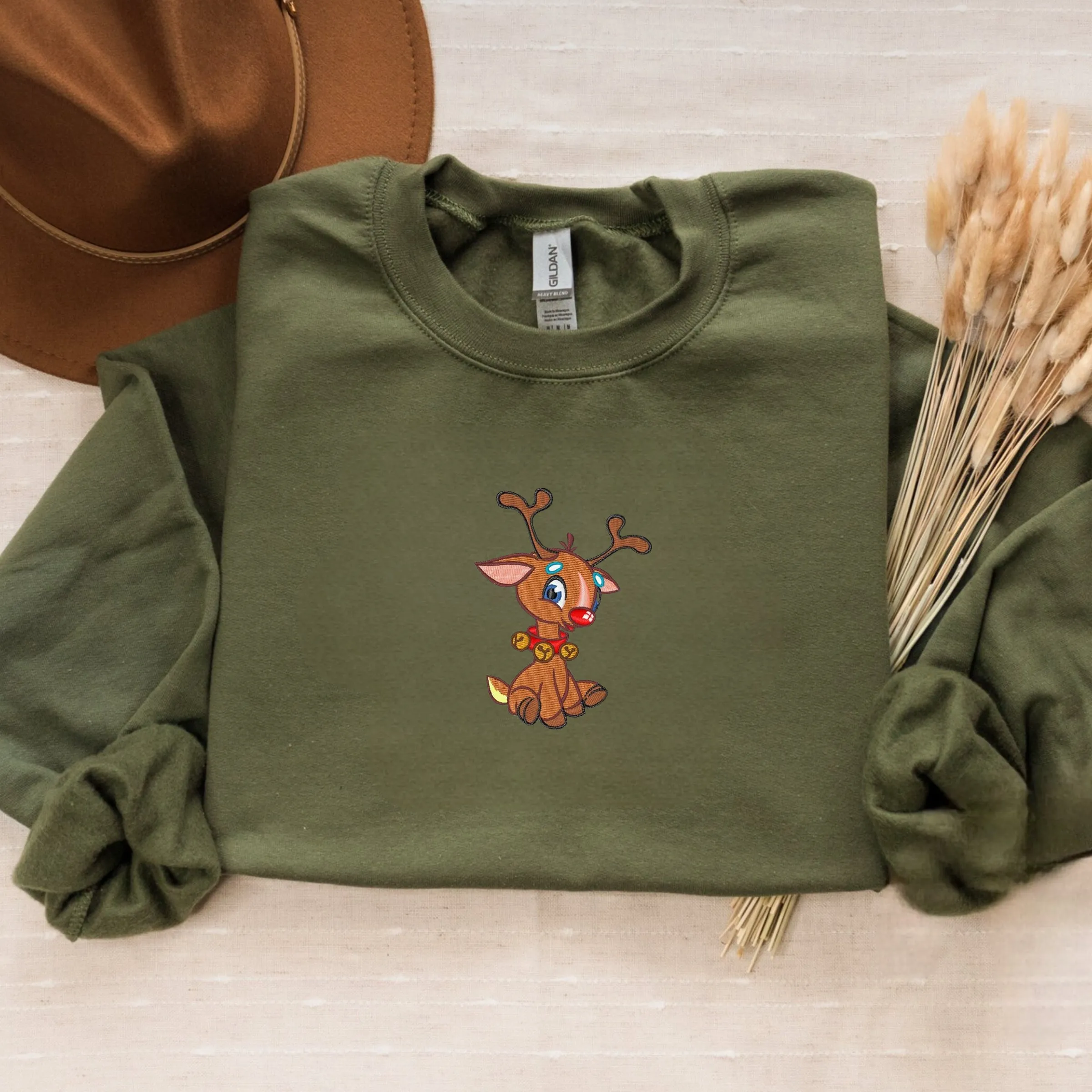 Embroidered Christmas Rudolph Sweatshirt, Cute Rudolph Crewneck or Hoodie