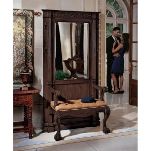 English Victorian Hand-Carved Solid Mahogany Antique Replica Entryway Hallway Stand With Mirror and Seating Bench Set