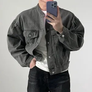 Fashion Men's Denim Jacket High Street Male Stand Collar Top Solid Color Short Coat Autumn Menwear Tide 9C644