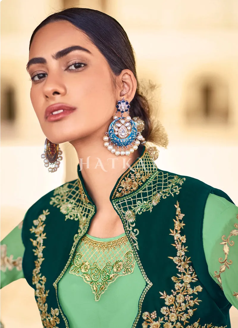 Green And Turquoise Embroidered Koti Style Anarkali Suit