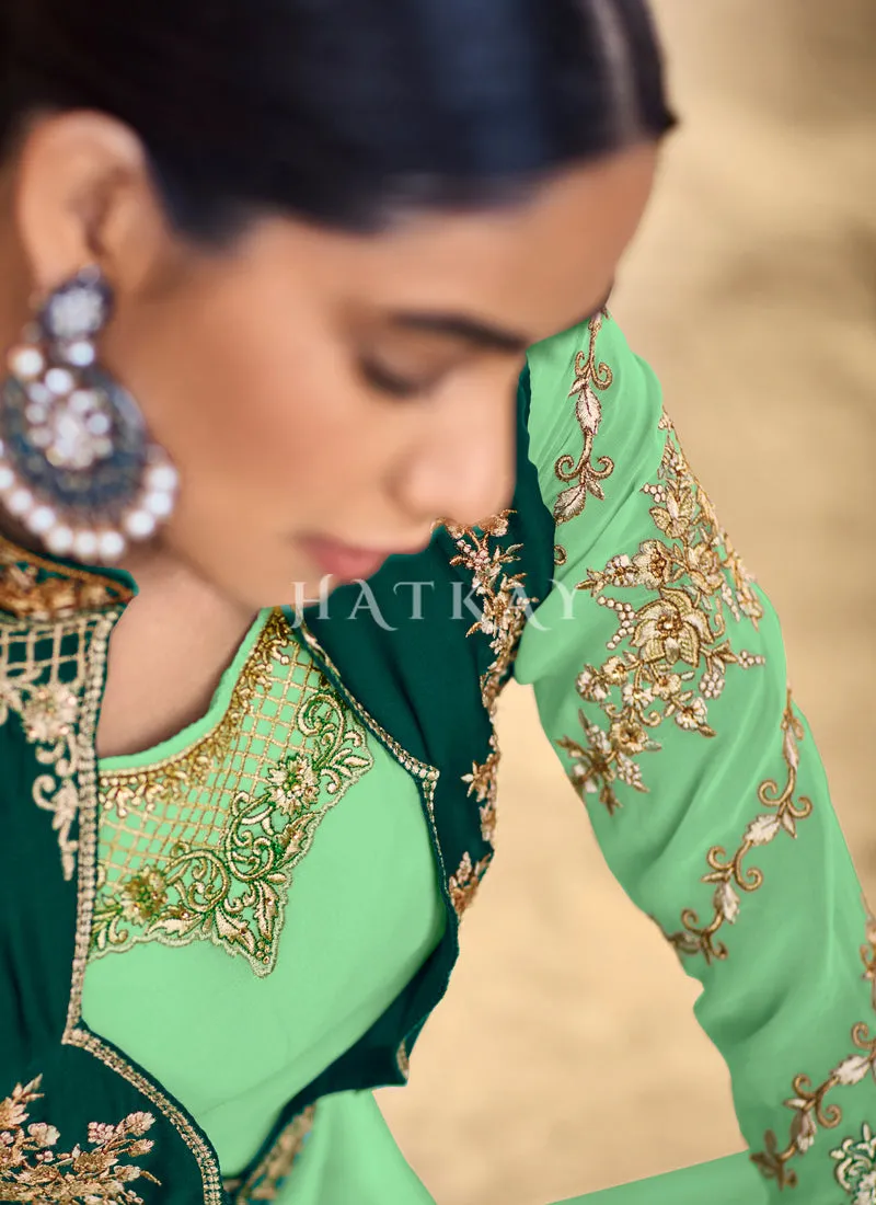 Green And Turquoise Embroidered Koti Style Anarkali Suit