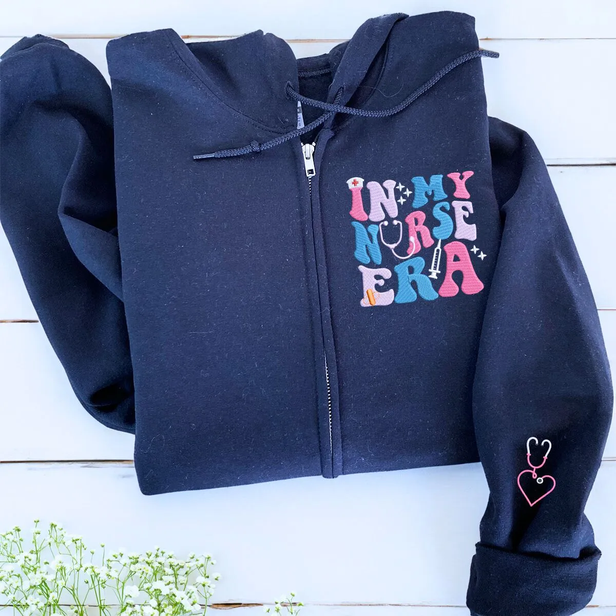 In My Nurse Era Quarter Zip Sweatshirt or Hoodie, Personalized Embroidered Gift For Nurse