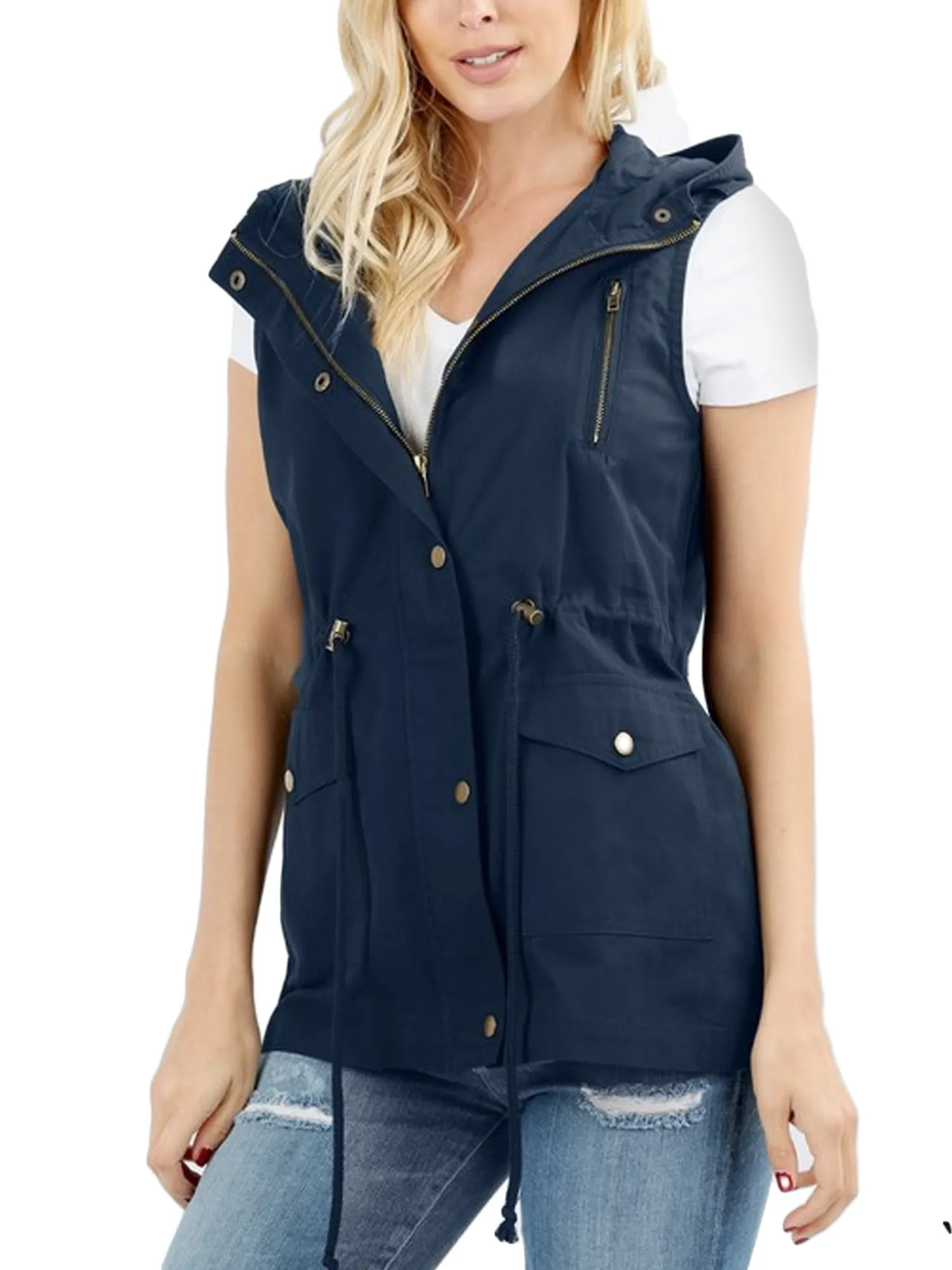 KOGMO Womens Zip Up Military Anorak Utility Vest with Hood American Size (S-3X)