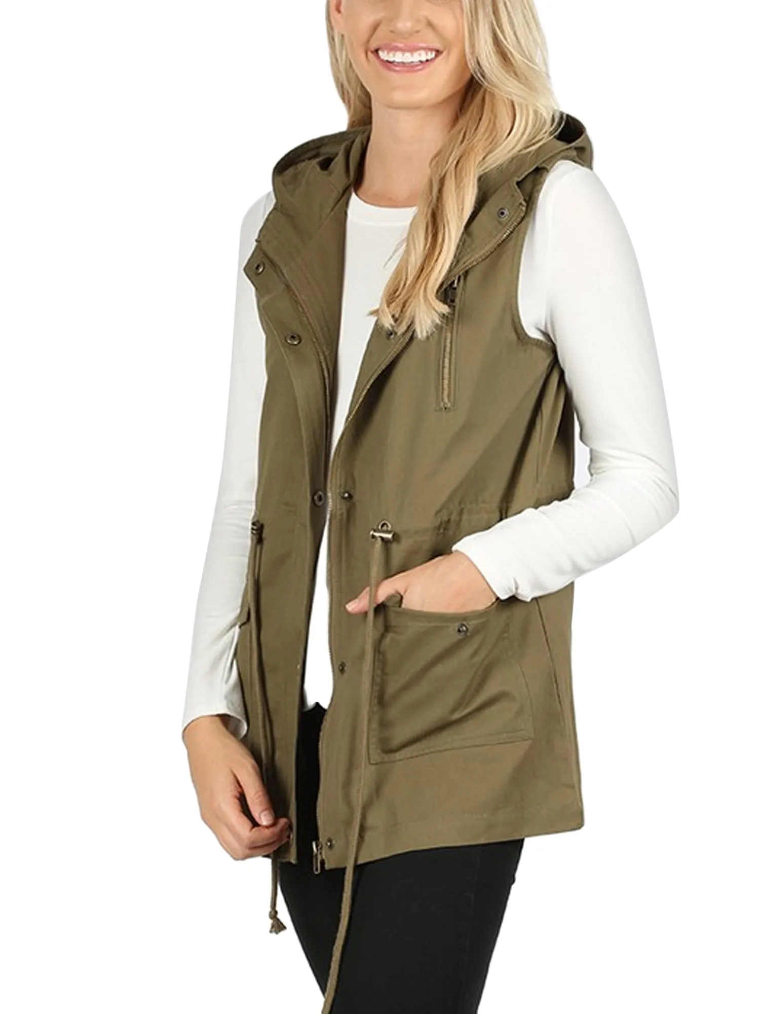 KOGMO Womens Zip Up Military Anorak Utility Vest with Hood American Size (S-3X)