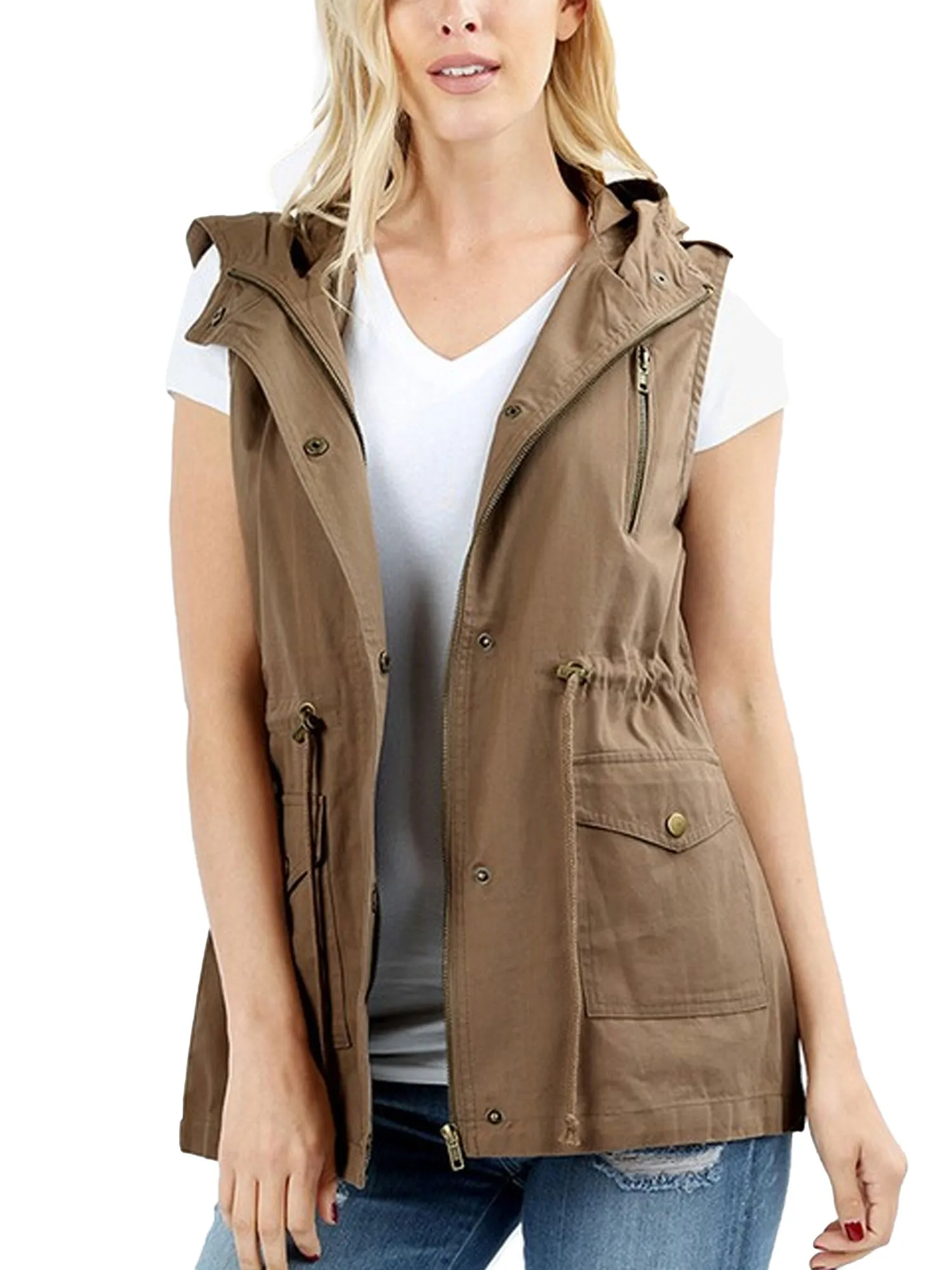 KOGMO Womens Zip Up Military Anorak Utility Vest with Hood American Size (S-3X)