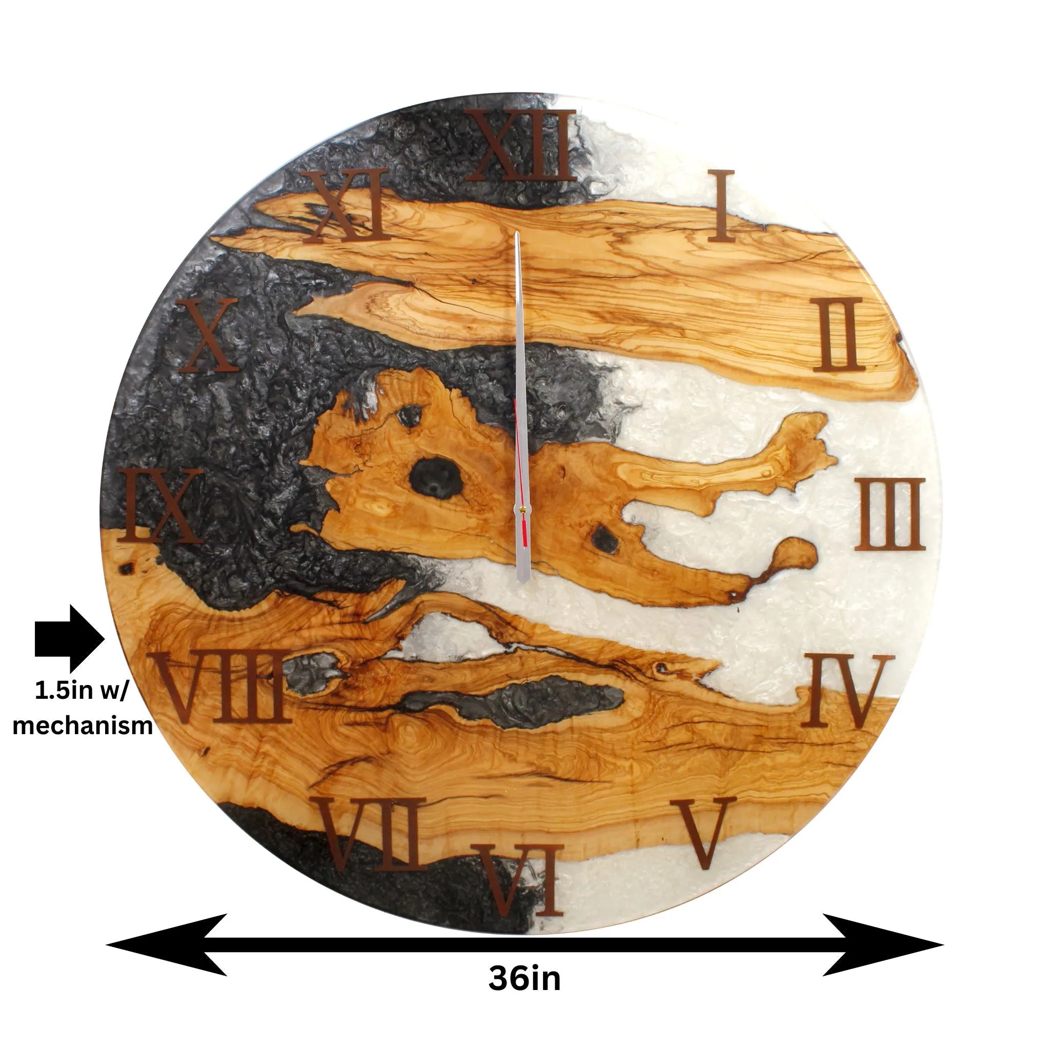 Large White Gray Resin Epoxy Wall Clock Live Edge Olive Wood 36 Inches