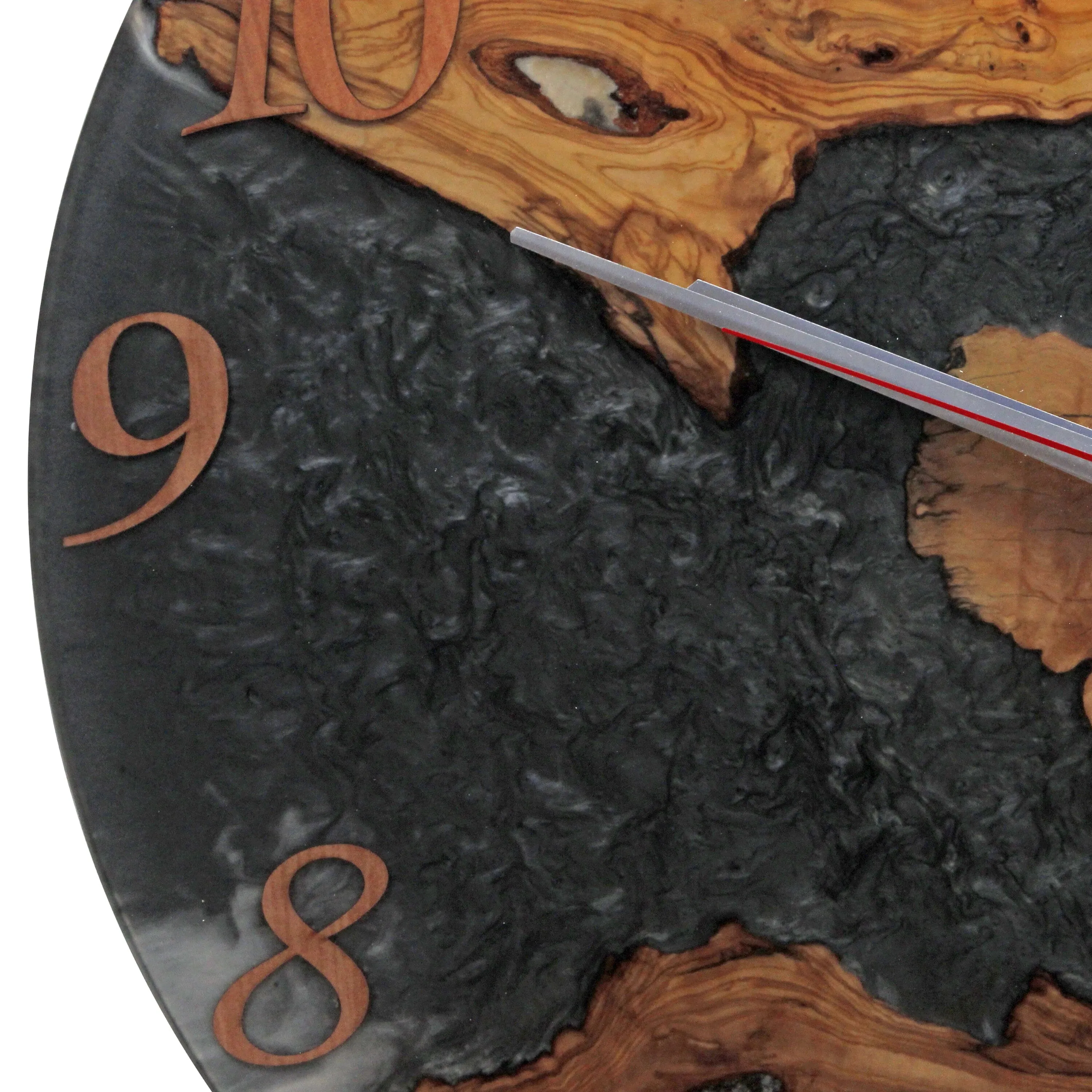 Live Edge Epoxy Wall Clock - Olive Wood Black White Resin - 24 Inches