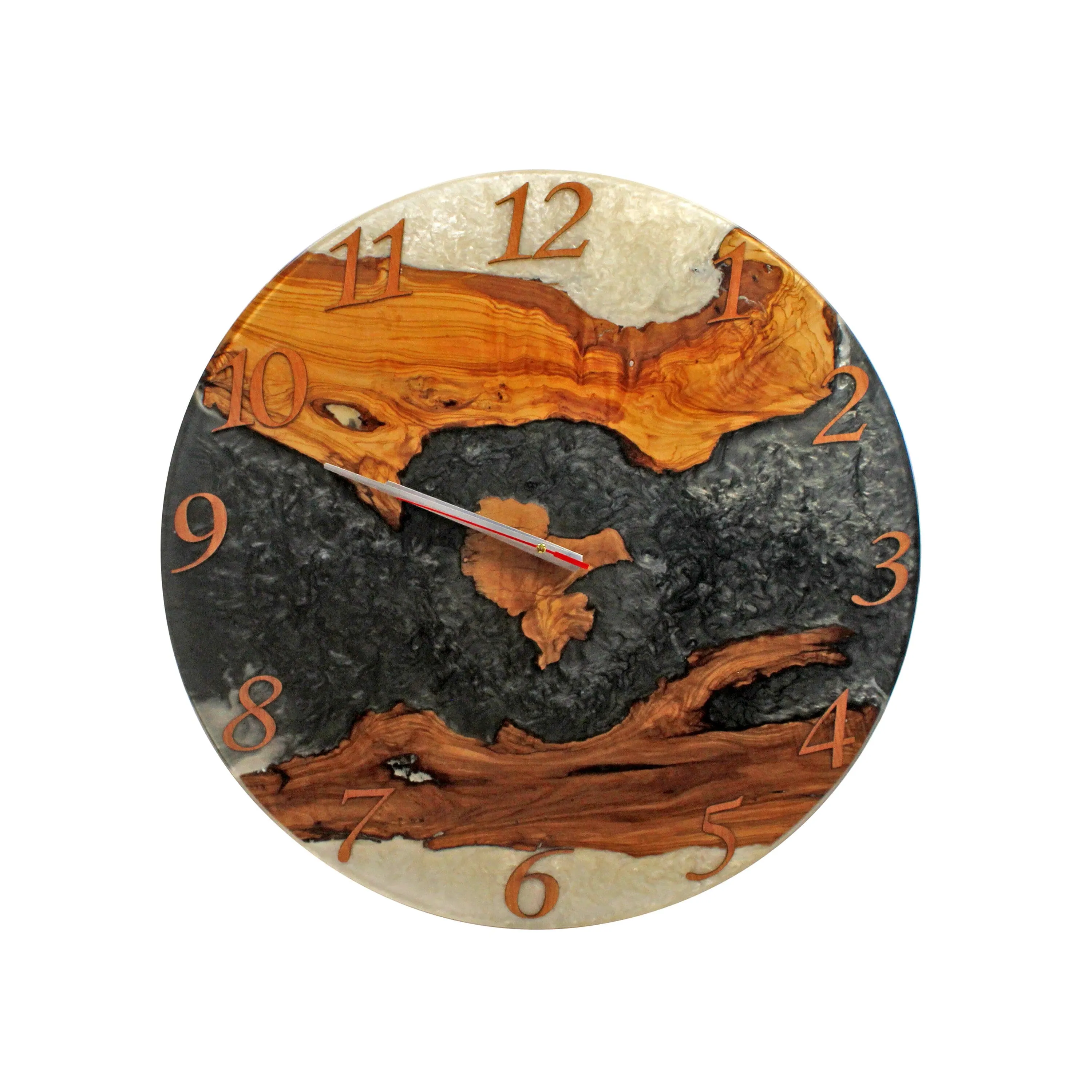 Live Edge Epoxy Wall Clock - Olive Wood Black White Resin - 24 Inches