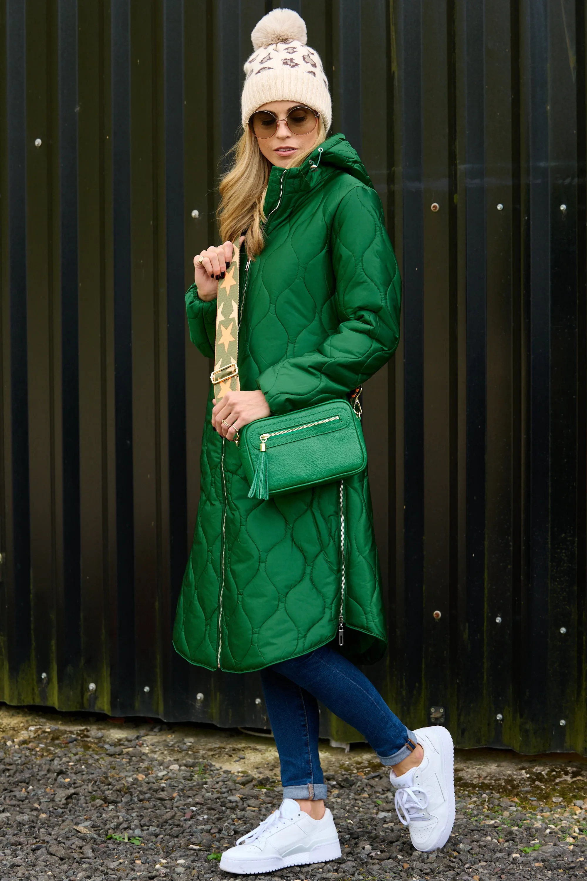 'Marble' Quilted Coat in Emerald Green