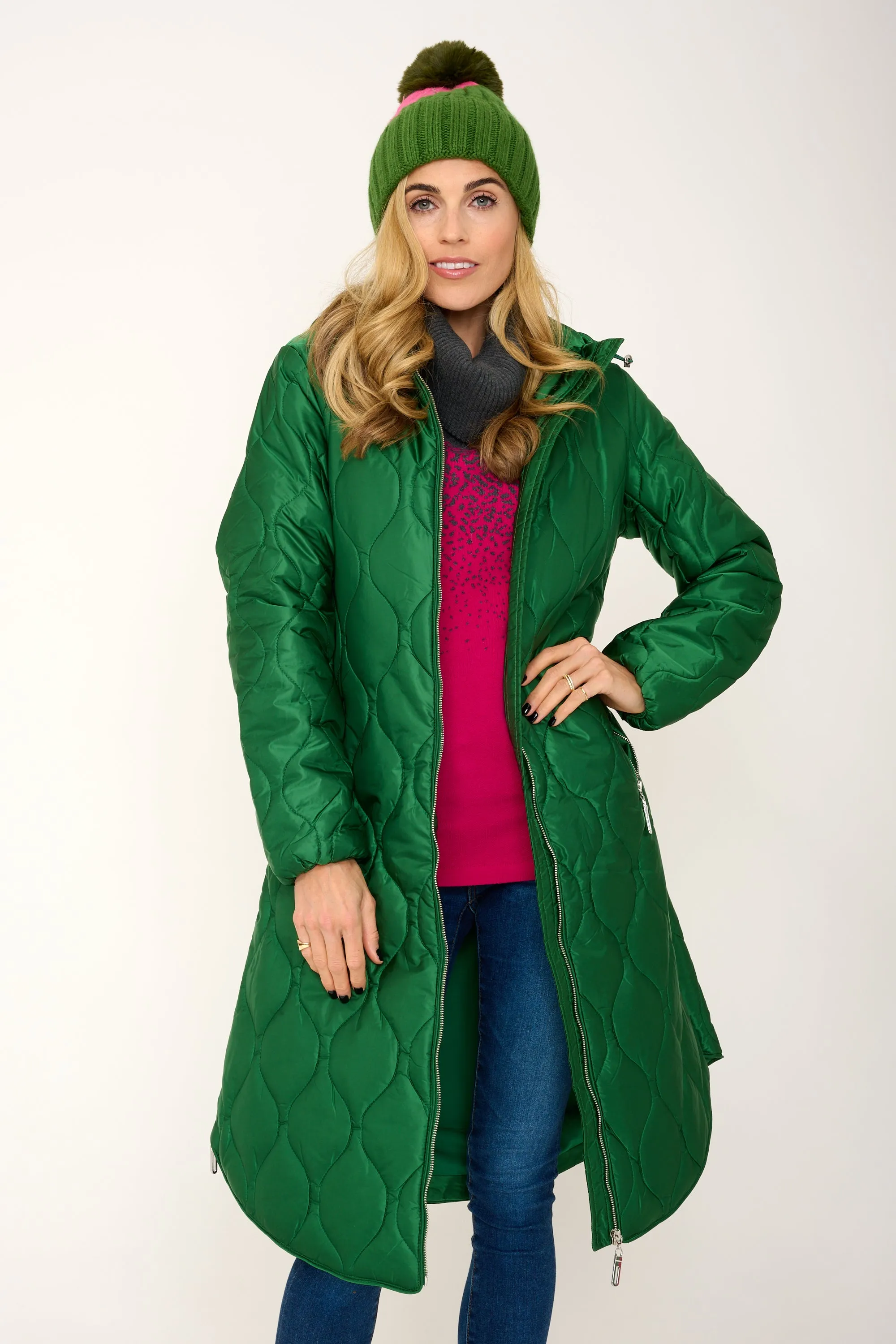 'Marble' Quilted Coat in Emerald Green