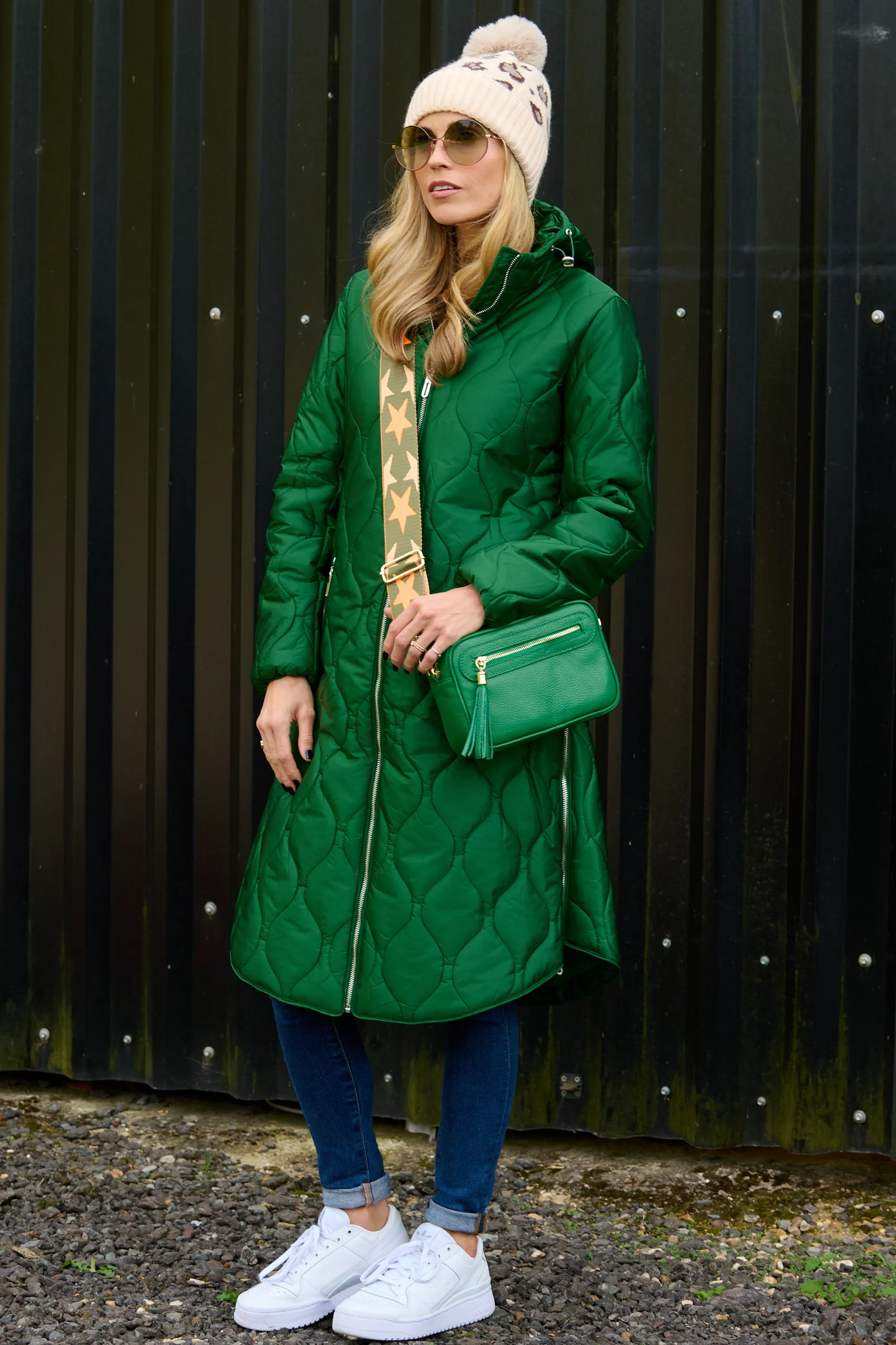 'Marble' Quilted Coat in Emerald Green