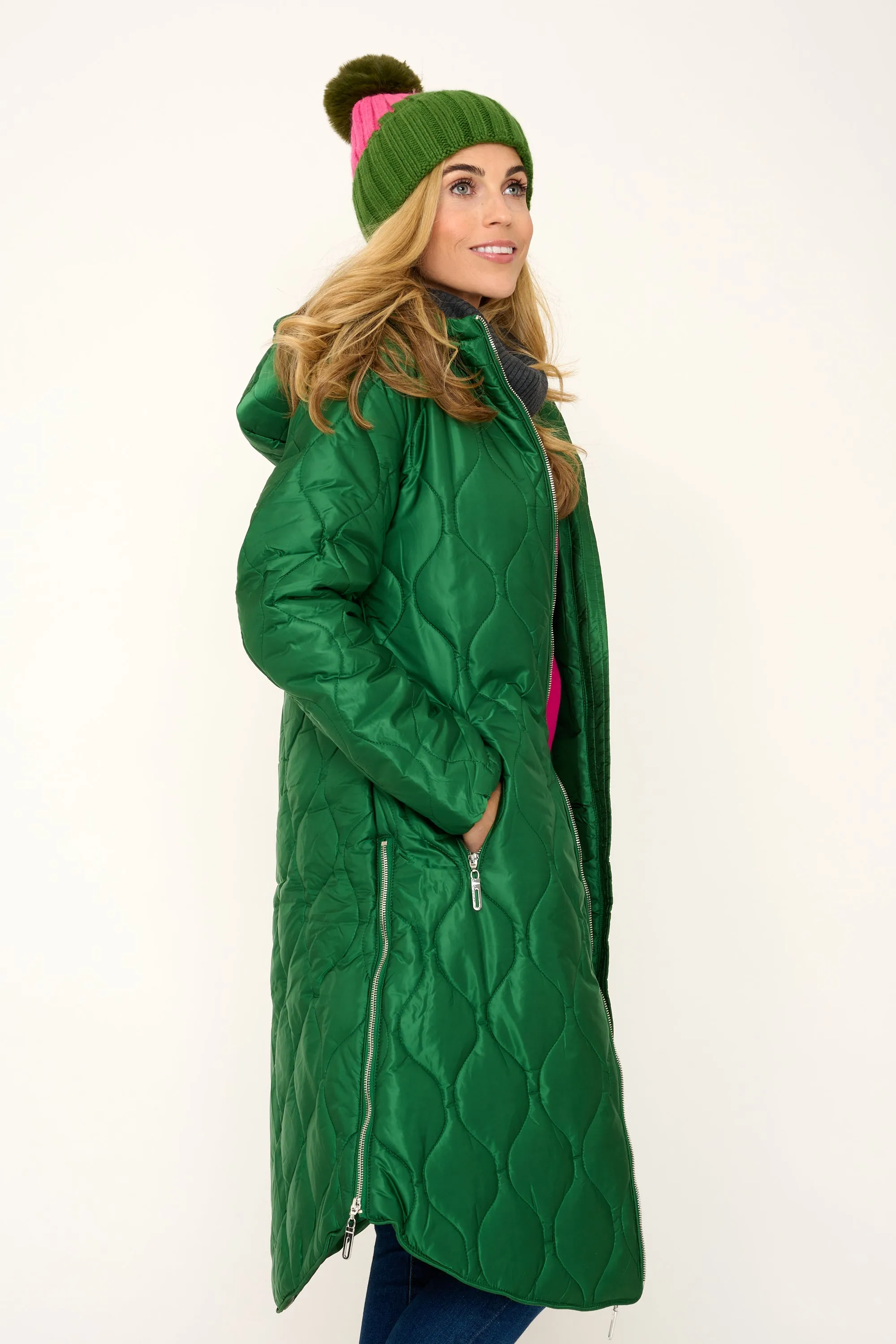 'Marble' Quilted Coat in Emerald Green