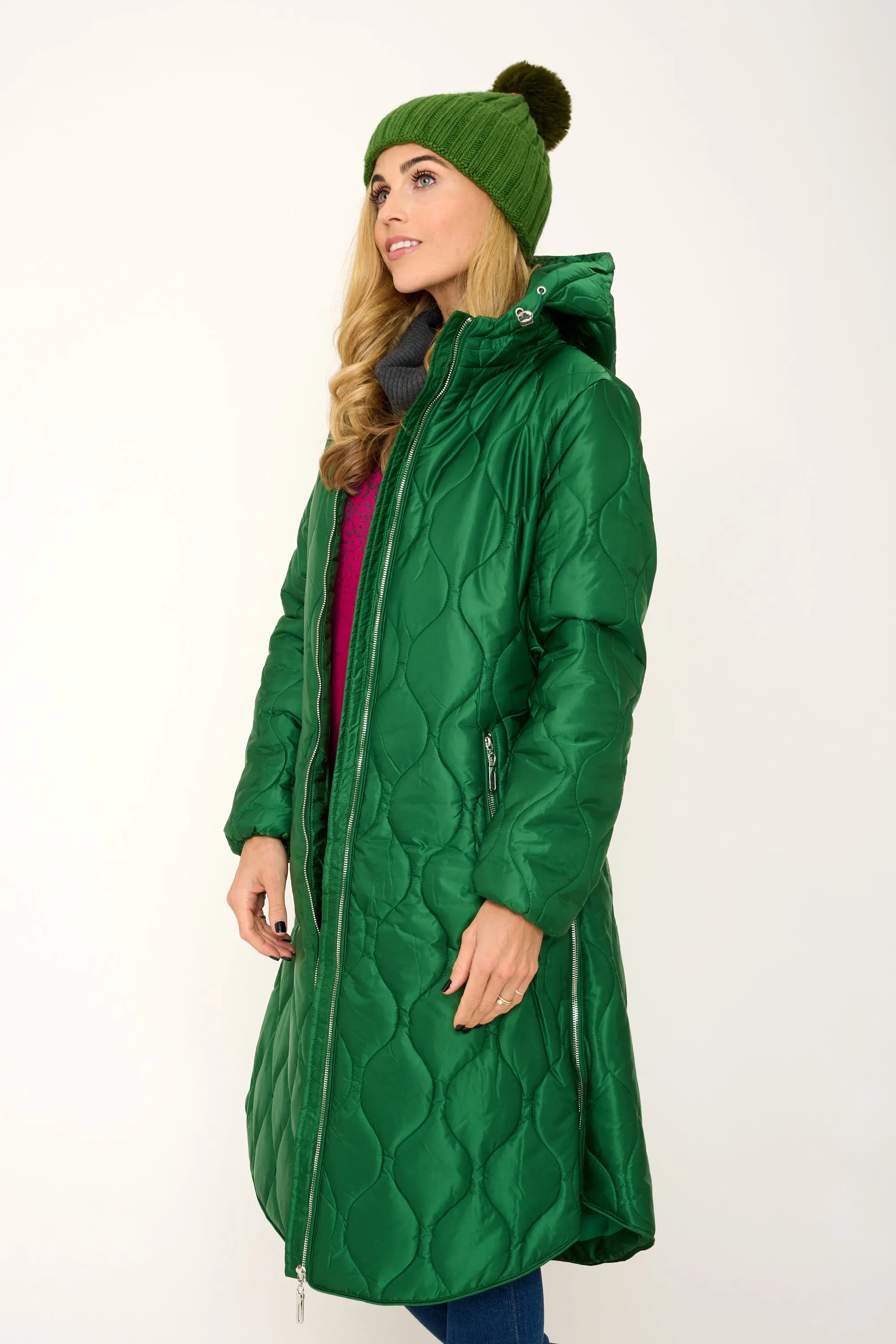 'Marble' Quilted Coat in Emerald Green