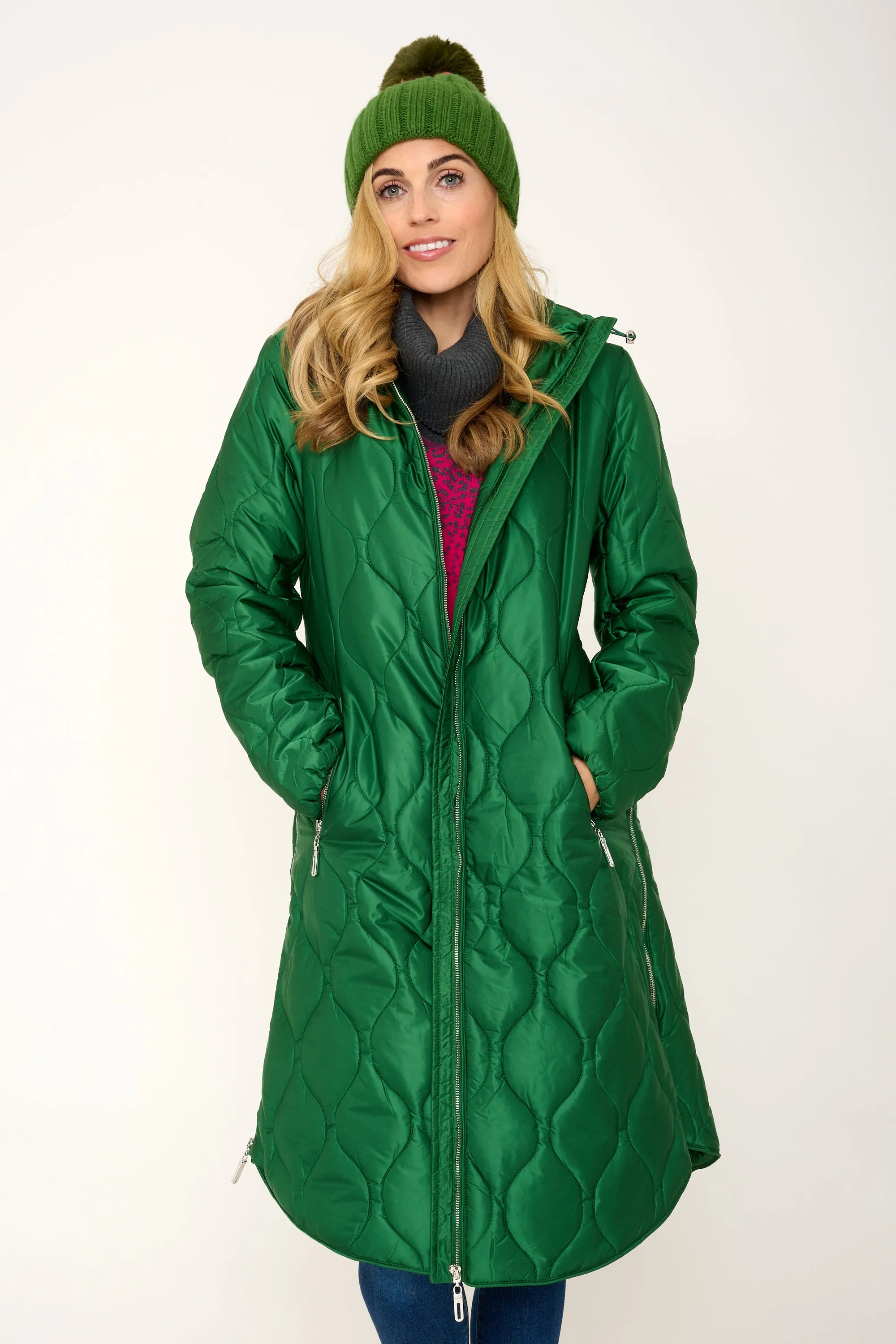 'Marble' Quilted Coat in Emerald Green