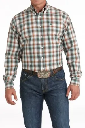 Men's Cinch Green/White Plaid Print Button-Down Western Shirt - MTW1105824