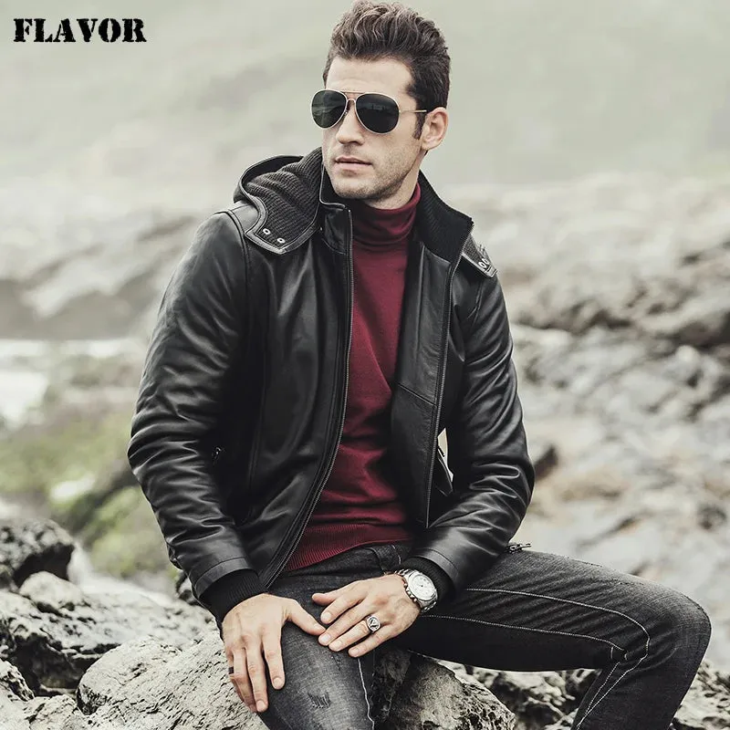 Men's Hooded Sheepskin Leather Motorcycle Jacket