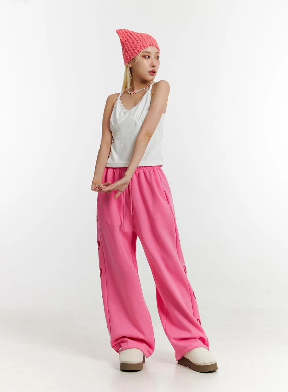 Mid-Waist Side Heart Parachute Jogger Lounge Pants ID313