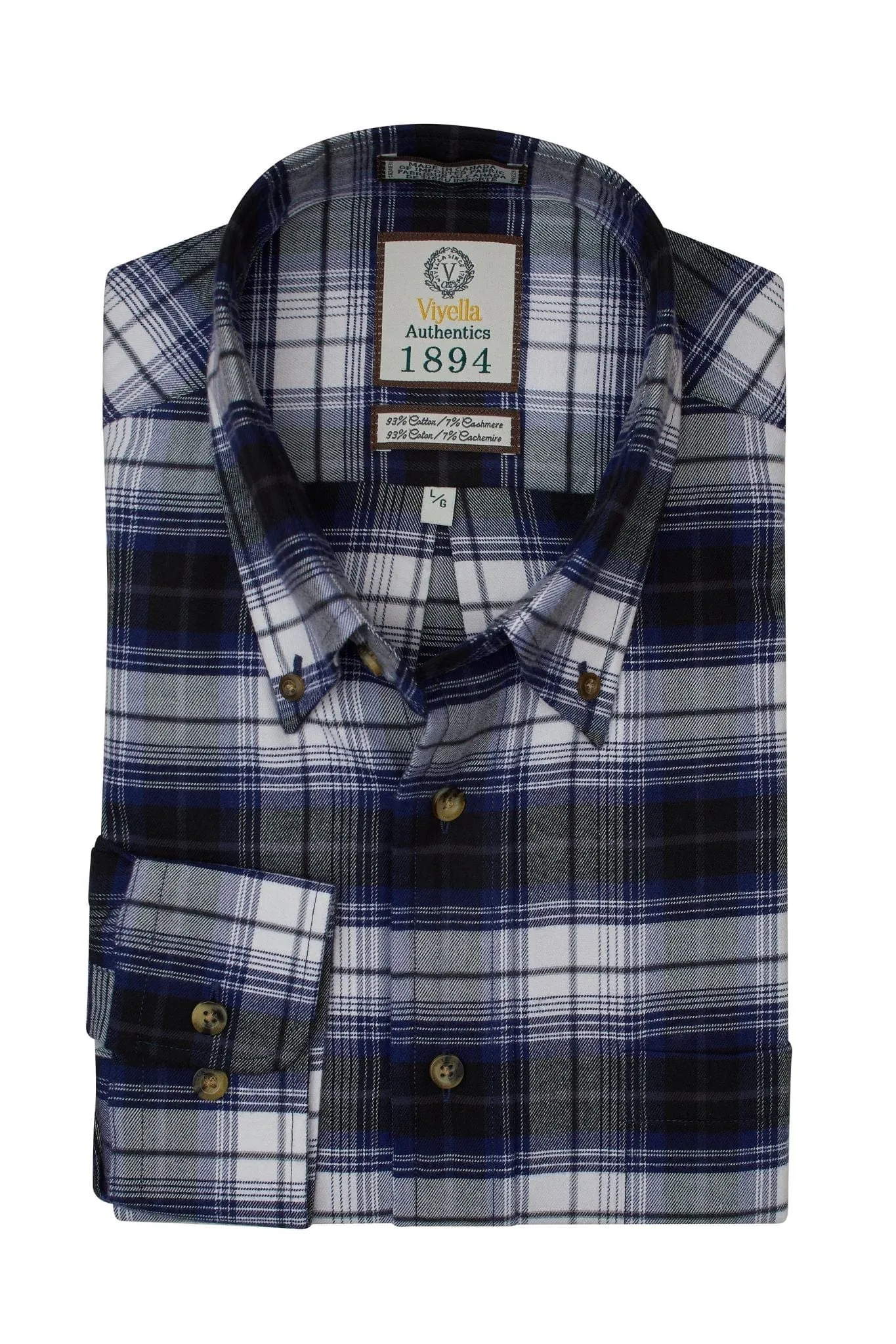 Navy Plaid Cotton & Cashmere Long Sleeve Shirts